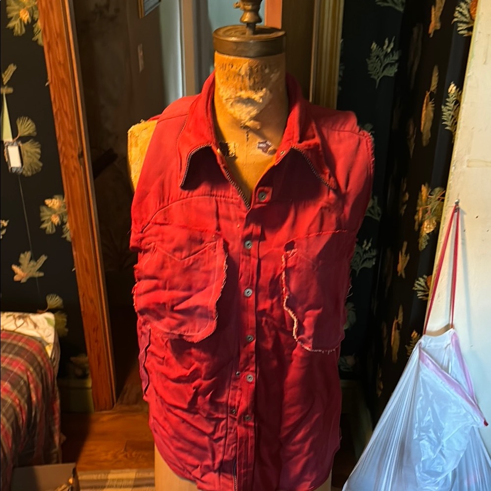 Vibrant Red Sleeveless Shirt with Pockets
